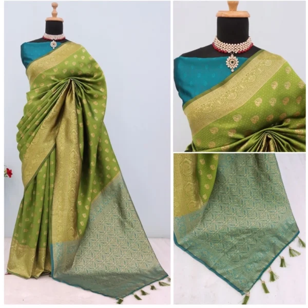 Women's Banarasi Printed Saree With Unstitched Blouse 5.5Mtr (Mehendi Green) - Image 2