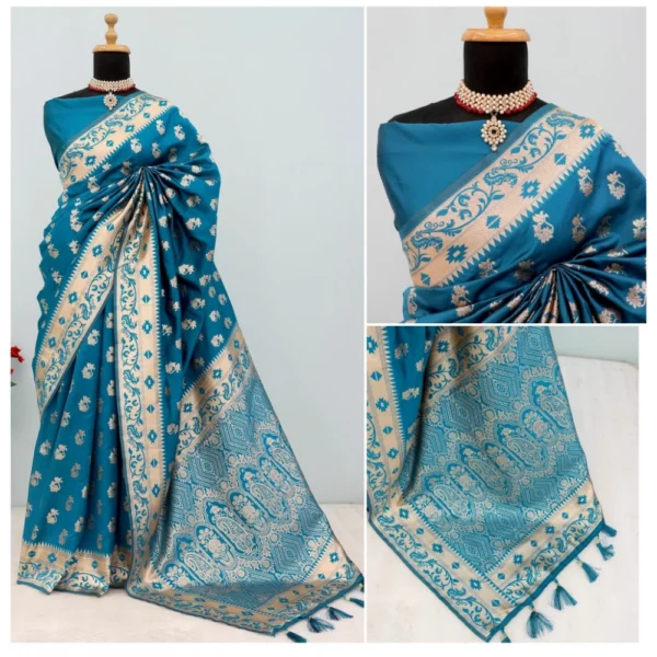 Women's Satin Printed Saree With Unstitched Blouse 5.5Mtr (Aqua Blue) - Image 3