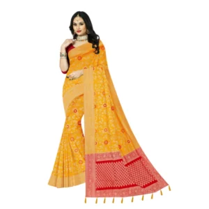 Women's Banarasi Printed Saree With Unstitched Blouse 5.5Mtr (Yellow)