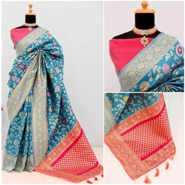 Women's Banarasi Printed Saree With Unstitched Blouse 5.5Mtr (Aqua Blue) - Image 2