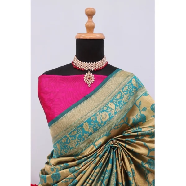 Women's Banarasi Printed Saree With Unstitched Blouse 5.5Mtr (Golden) - Image 2