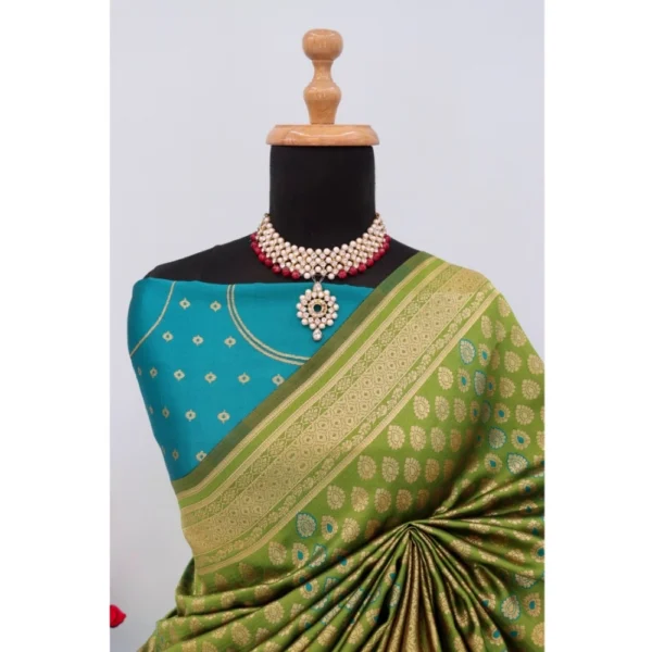 Women's Banarasi Printed Saree With Unstitched Blouse 5.5Mtr (Mehendi Green) - Image 2