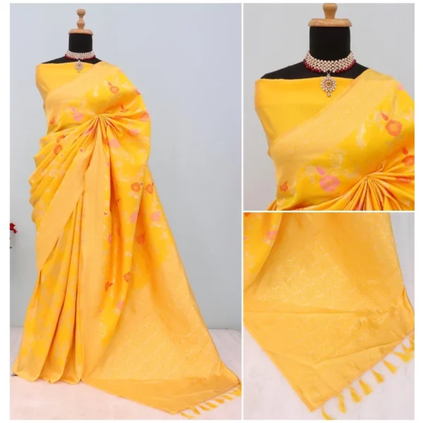 Women's Banarasi Printed Saree With Unstitched Blouse 5.5Mtr (Yellow) - Image 3