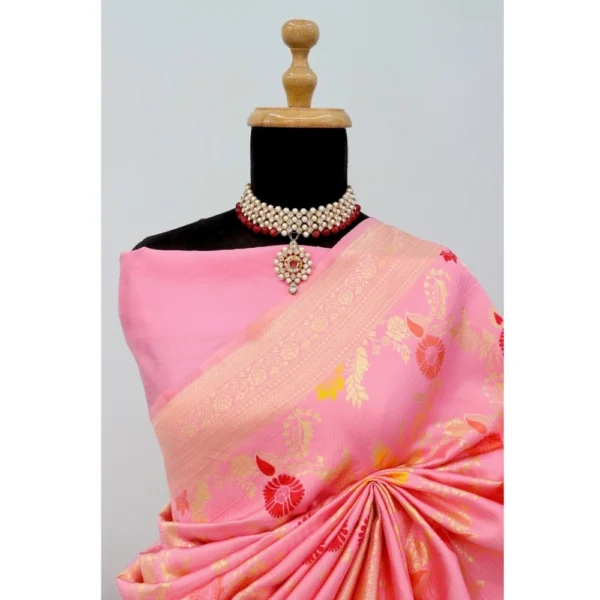 Women's Banarasi Printed Saree With Unstitched Blouse 5.5Mtr (Pink) - Image 2