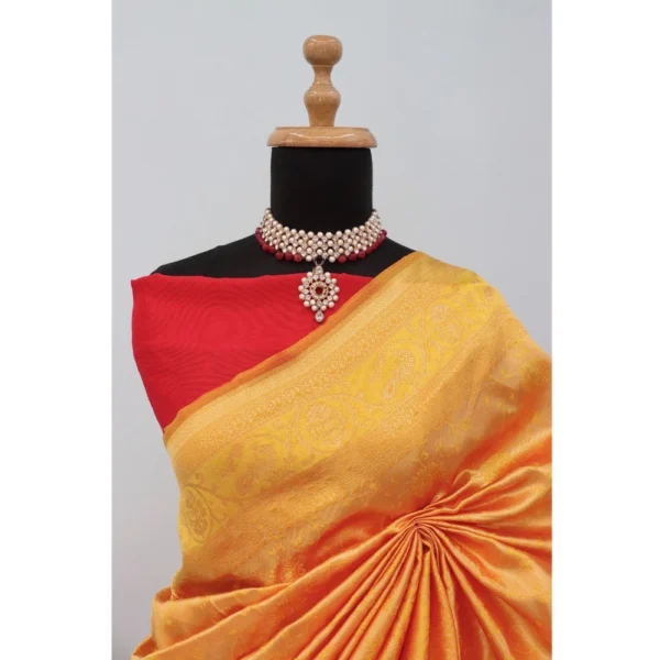 Women's Banarasi Printed Saree With Unstitched Blouse 5.5Mtr (Yellow) - Image 2