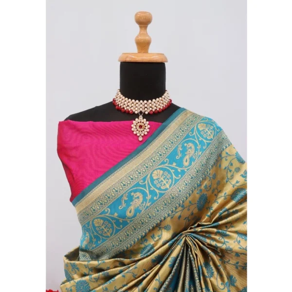 Women's Banarasi Printed Saree With Unstitched Blouse 5.5Mtr (Golden) - Image 2
