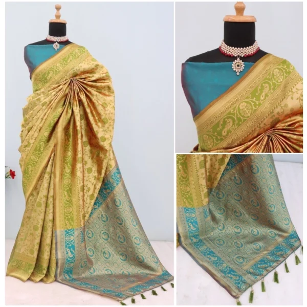 Women's Banarasi Printed Saree With Unstitched Blouse 5.5Mtr (Golden) - Image 2