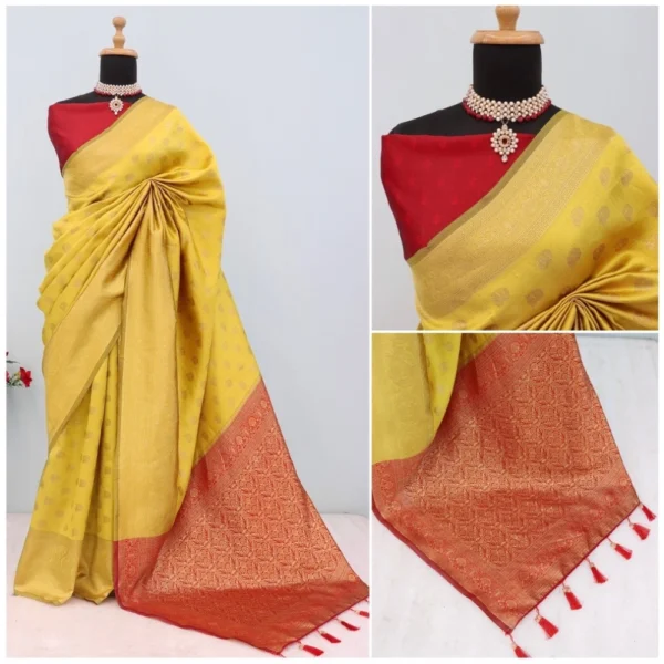 Women's Banarasi Printed Saree With Unstitched Blouse 5.5Mtr (Yellow) - Image 3