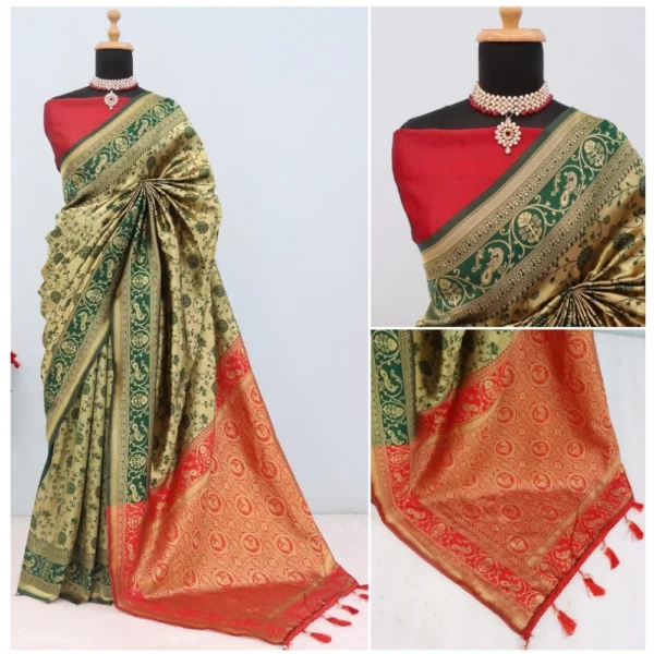 Women's Banarasi Printed Saree With Unstitched Blouse 5.5Mtr (Golden) - Image 2