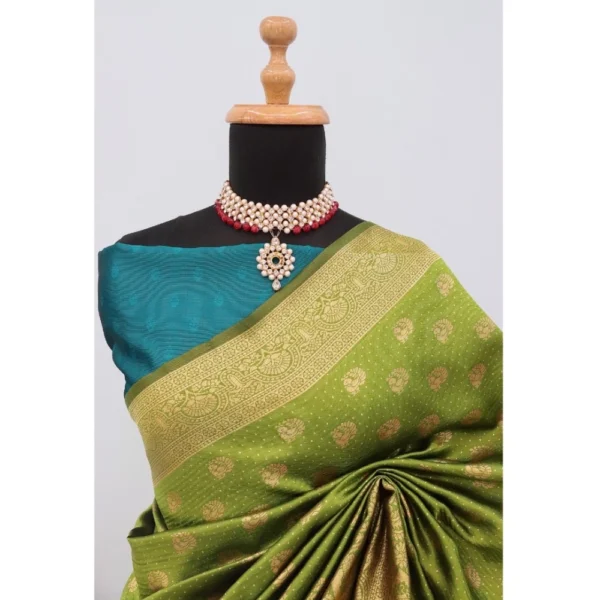 Women's Banarasi Printed Saree With Unstitched Blouse 5.5Mtr (Mehendi Green) - Image 3
