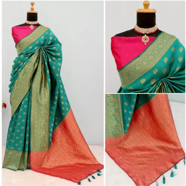 Women's Banarasi Printed Saree With Unstitched Blouse 5.5Mtr (Rama) - Image 3