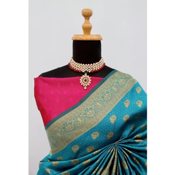 Women's Banarasi Printed Saree With Unstitched Blouse 5.5Mtr (Aqua Blue) - Image 3