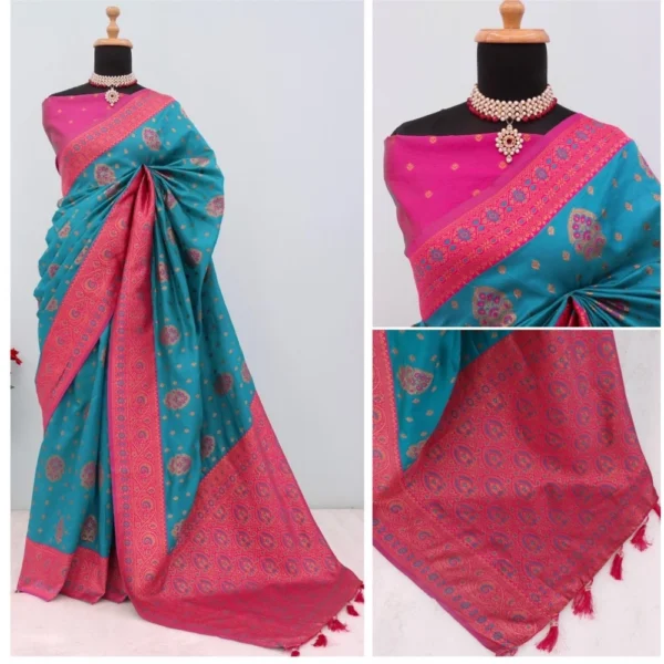Women's Banarasi Printed Saree With Unstitched Blouse 5.5Mtr (Aqua Blue) - Image 3