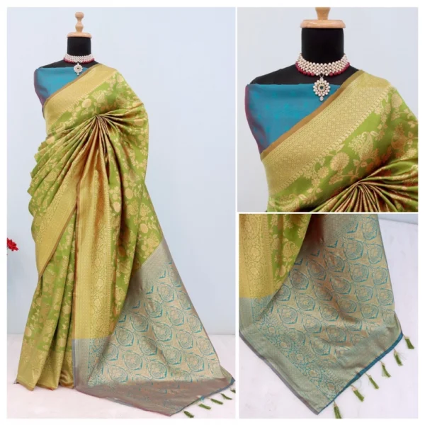 Women's Banarasi Printed Saree With Unstitched Blouse 5.5Mtr (Mehendi Green) - Image 3
