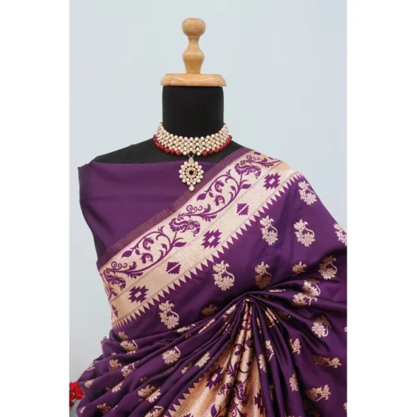 Women's Satin Printed Saree With Unstitched Blouse 5.5Mtr (Purple) - Image 3
