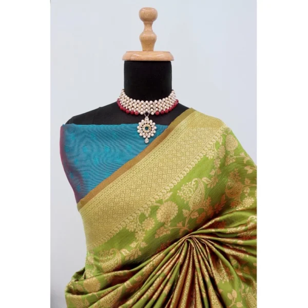 Women's Banarasi Printed Saree With Unstitched Blouse 5.5Mtr (Mehendi Green) - Image 2