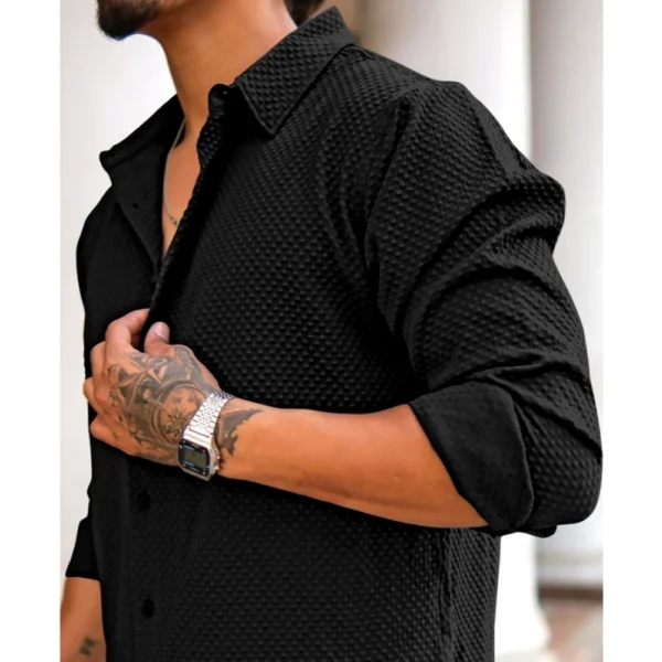 Men's Casual Popcorn Self-design Full Sleeve Collar Shirt (Black) - Image 3