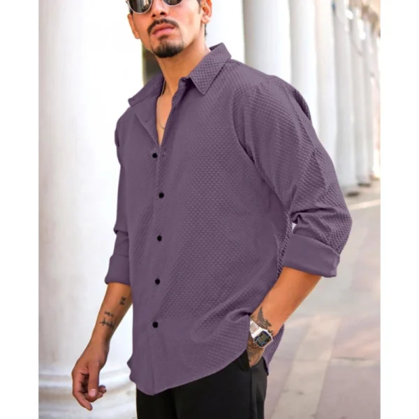 Men's Casual Popcorn Self-design Full Sleeve Collar Shirt (Wine)