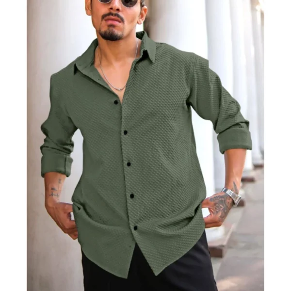 Men's Casual Popcorn Self-design Full Sleeve Collar Shirt (Green) - Image 3