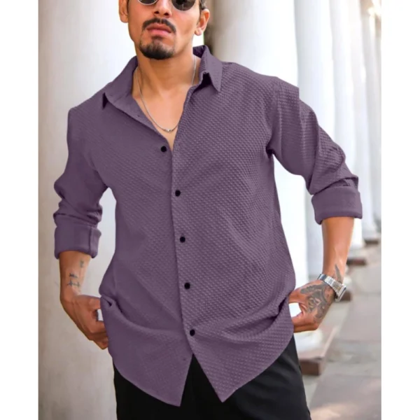 Men's Casual Popcorn Self-design Full Sleeve Collar Shirt (Wine) - Image 3