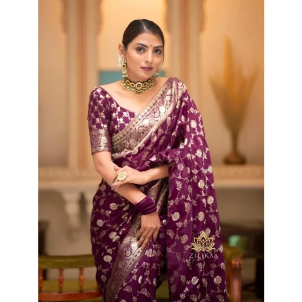 Women's Silk Woven Kanjivaram Saree With Unstitched Blouse (5.5Mtr, Dark Purple) - Image 2