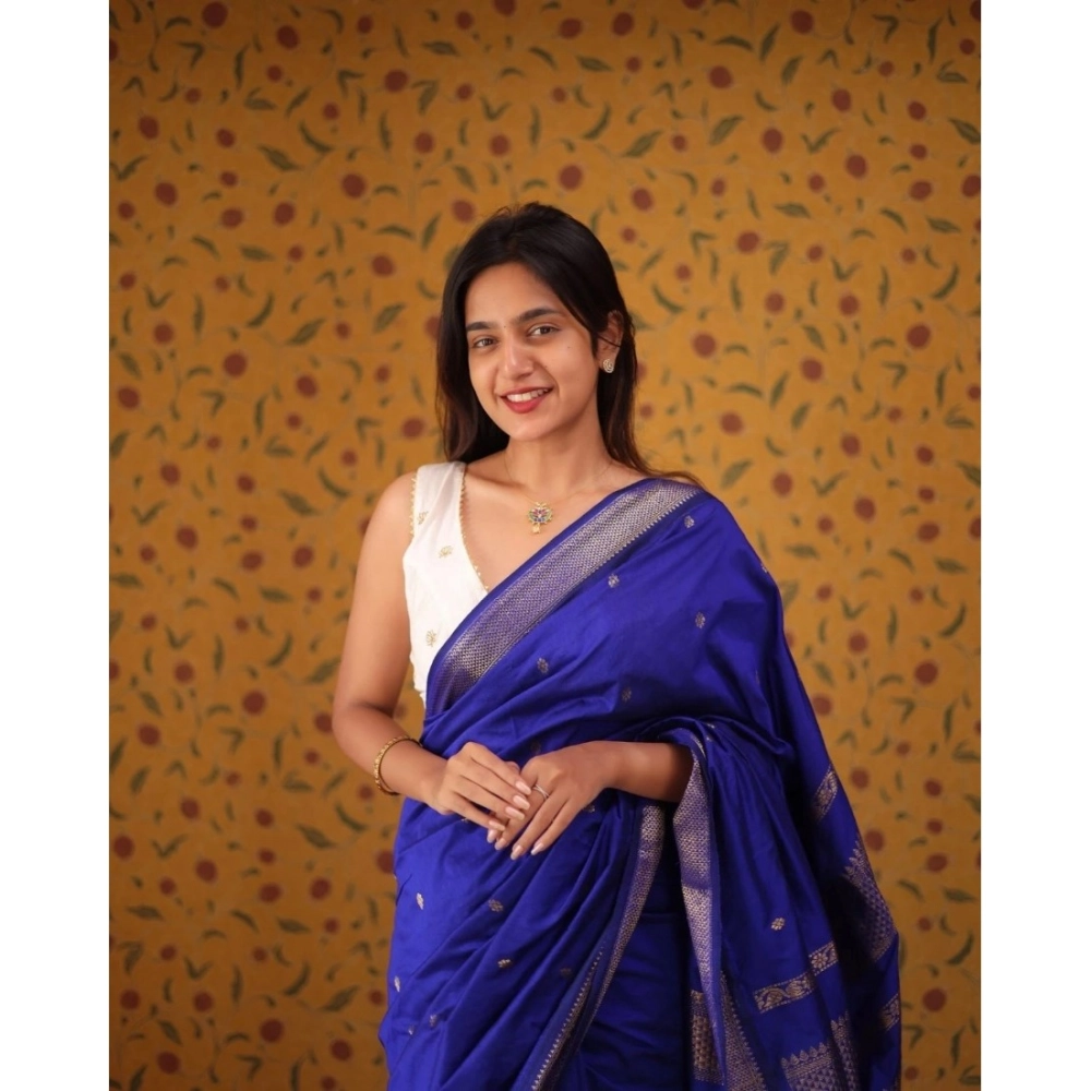 Women's Silk Blend Self Design Bollywood Saree With Unstitched Blouse (5.5Mtr, Blue) - Image 2