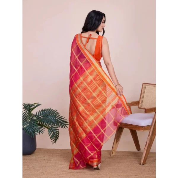Women's Cotton Silk Checkered Kota Doria Saree With Unstitched Blouse (5.5Mtr, Red) - Image 3