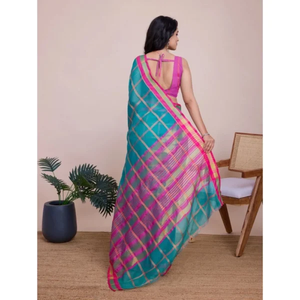 Women's Cotton Silk Checkered Kota Doria Saree With Unstitched Blouse (5.5Mtr, Rama) - Image 3