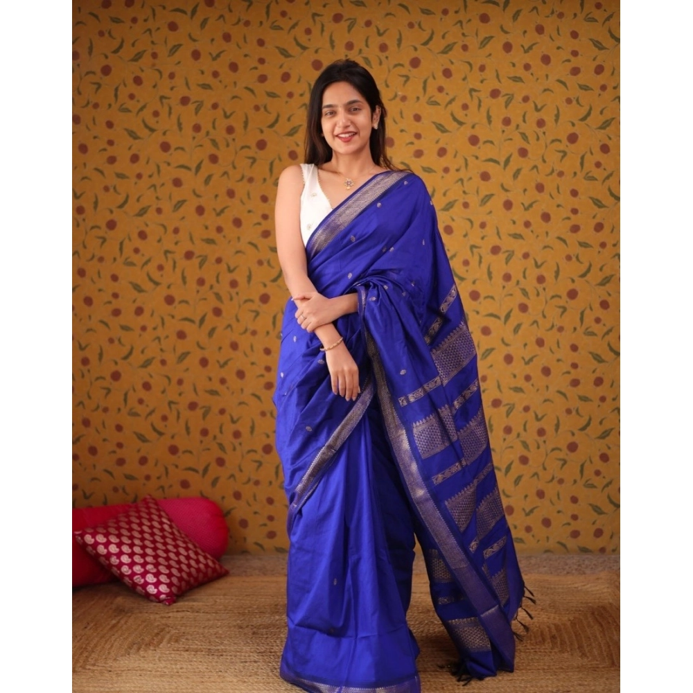 Women's Silk Blend Self Design Bollywood Saree With Unstitched Blouse (5.5Mtr, Blue)