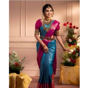Women's Silk Blend Self Design Banarasi Saree With Unstitched Blouse (5.5Mtr, Sky Blue)