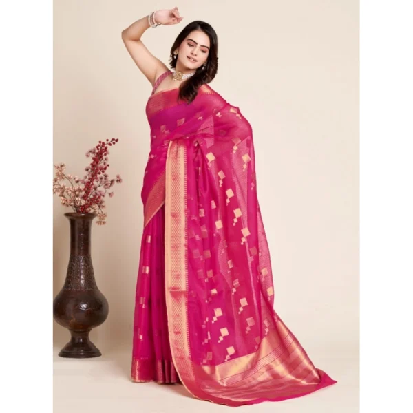 Women's Silk Blend Printed Banarasi Saree With Unstitched Blouse (5.5Mtr, Pink) - Image 2