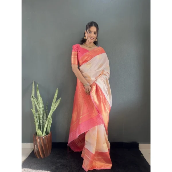 Women's Silk Blend Woven Kanjivaram Saree With Unstitched Blouse (5.5Mtr, Peach) - Image 2