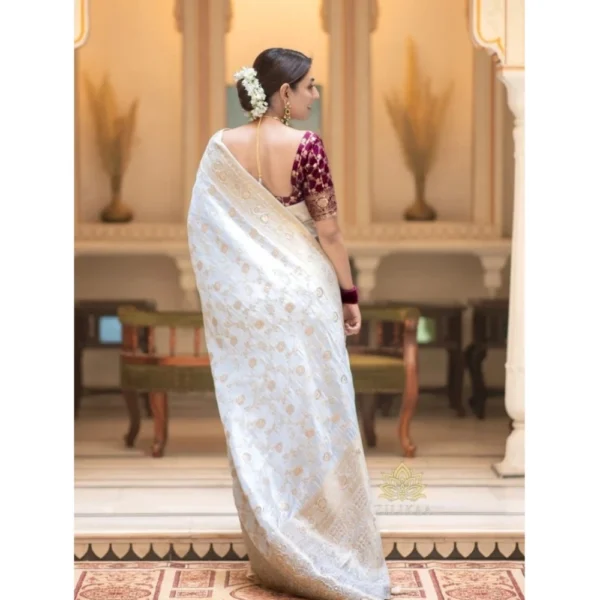 Women's Silk Woven Kanjivaram Saree With Unstitched Blouse (5.5Mtr, White) - Image 3