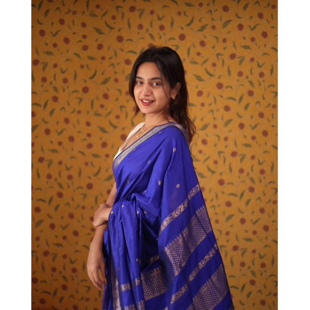 Women's Silk Blend Self Design Bollywood Saree With Unstitched Blouse (5.5Mtr, Blue) - Image 3