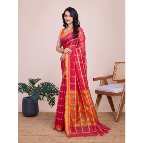 Women's Cotton Silk Checkered Kota Doria Saree With Unstitched Blouse (5.5Mtr, Red) - Image 2