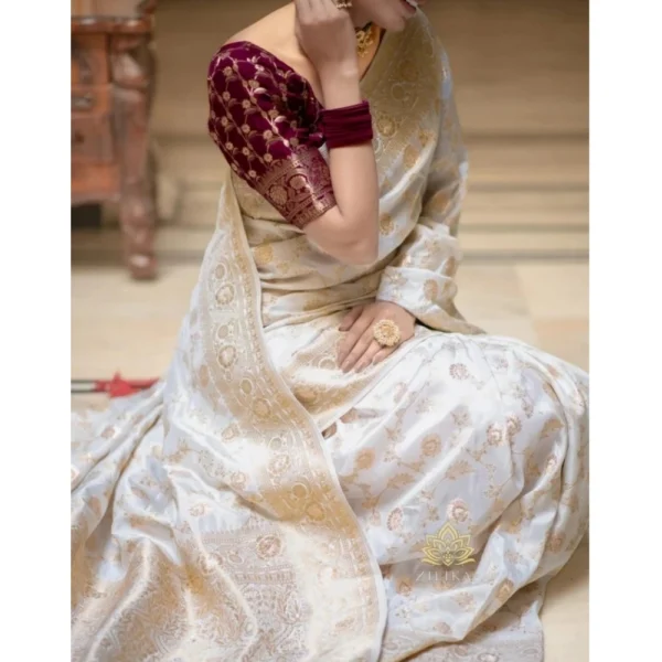 Women's Silk Woven Kanjivaram Saree With Unstitched Blouse (5.5Mtr, White) - Image 2