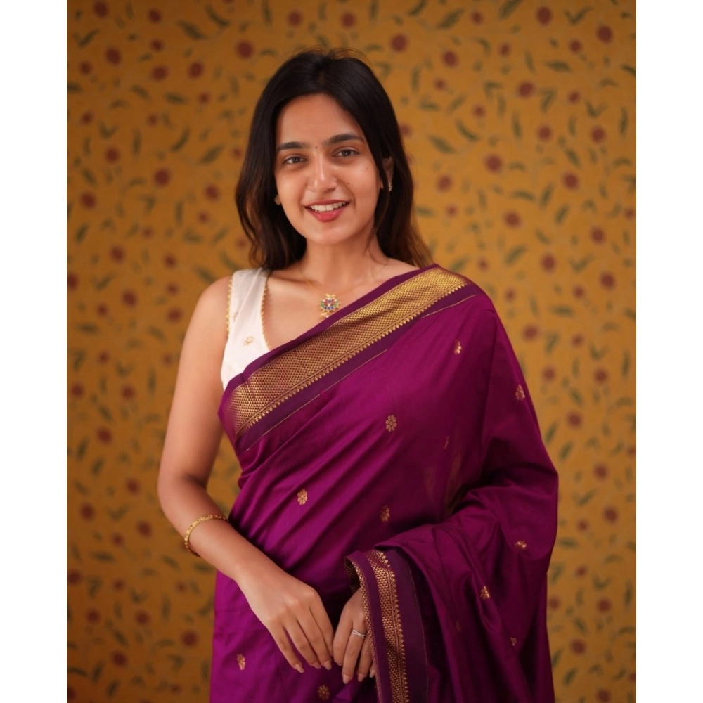 Women's Silk Blend Self Design Bollywood Saree With Unstitched Blouse (5.5Mtr, Purple) - Image 2