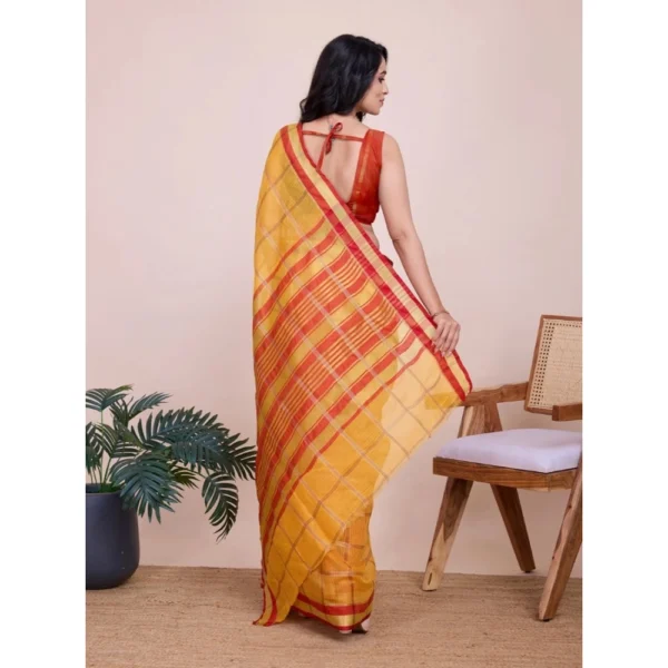 Women's Cotton Silk Checkered Kota Doria Saree With Unstitched Blouse (5.5Mtr, Yellow) - Image 3