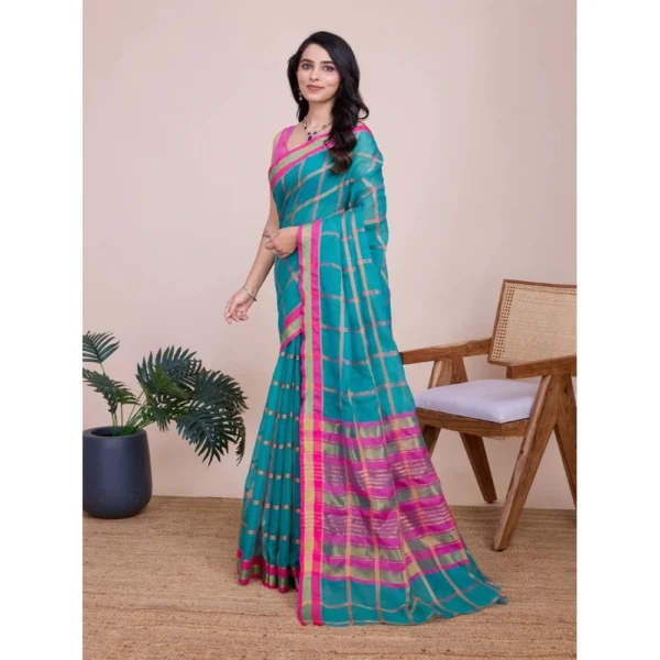 Women's Cotton Silk Checkered Kota Doria Saree With Unstitched Blouse (5.5Mtr, Rama) - Image 2