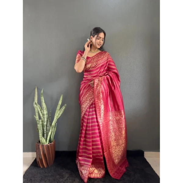 Women's Silk Blend Woven Kanjivaram Saree With Unstitched Blouse (5.5Mtr, Pink) - Image 2