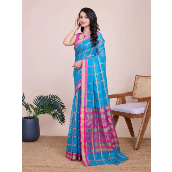 Women's Cotton Silk Checkered Kota Doria Saree With Unstitched Blouse (5.5Mtr, Sky Blue) - Image 2