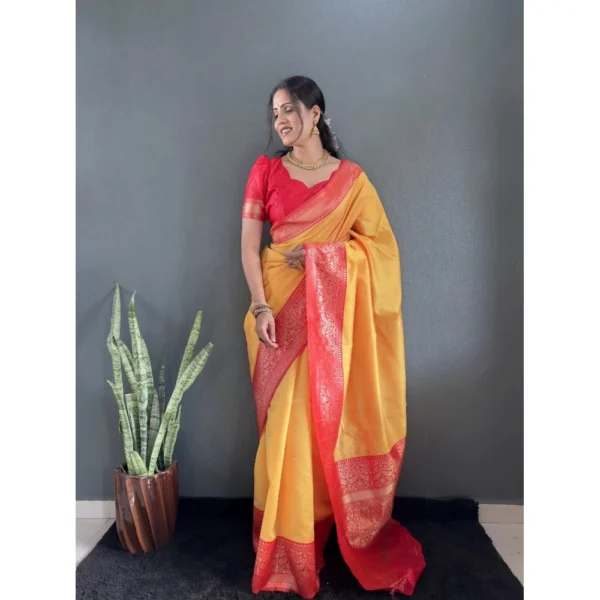 Women's Silk Blend Woven Kanjivaram Saree With Unstitched Blouse (5.5Mtr, Yellow Red) - Image 2
