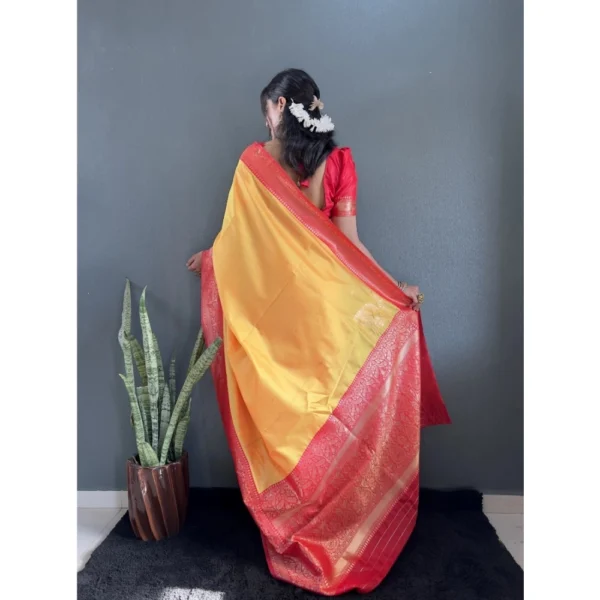Women's Silk Blend Woven Kanjivaram Saree With Unstitched Blouse (5.5Mtr, Yellow Red) - Image 3