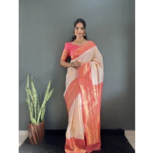 Women's Silk Blend Woven Kanjivaram Saree With Unstitched Blouse (5.5Mtr, Peach)