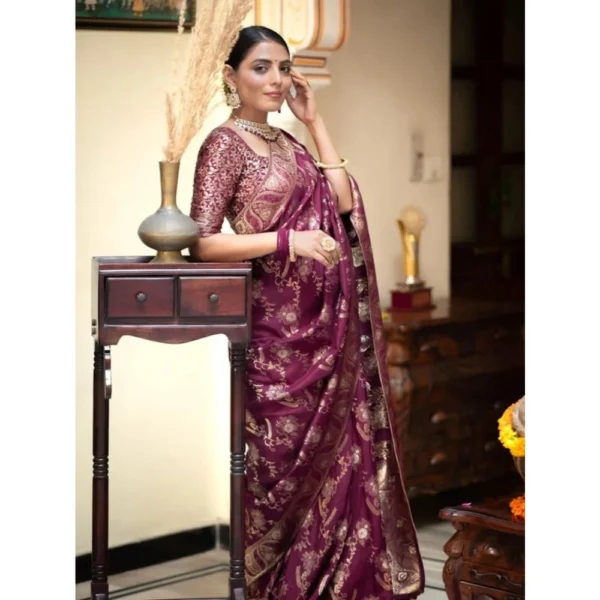 Women's Art Silk Embellished Kanjivaram Saree With Unstitched Blouse (5.5Mtr, Purple) - Image 3