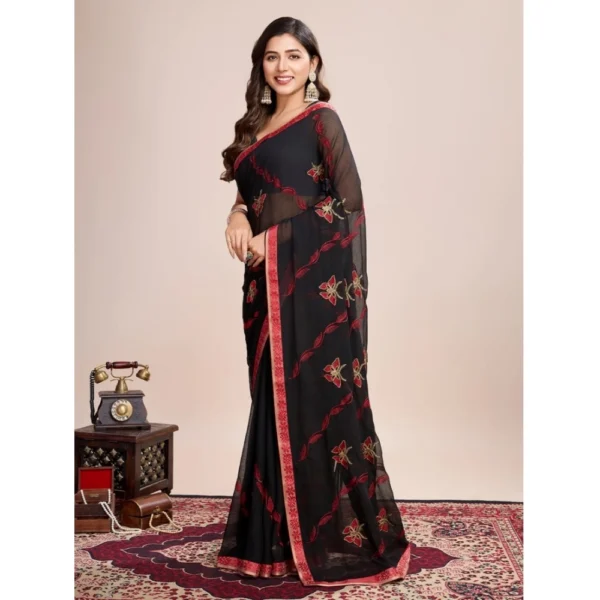 Women's Georgette Printed  Saree With Unstitched Blouse (5.5Mtr, Red) - Image 2