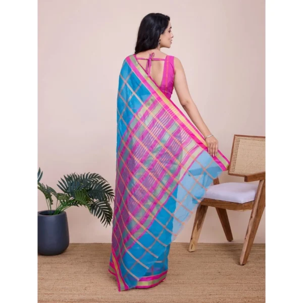 Women's Cotton Silk Checkered Kota Doria Saree With Unstitched Blouse (5.5Mtr, Sky Blue) - Image 3