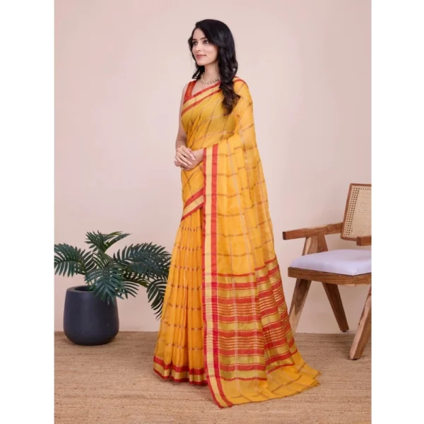 Women's Cotton Silk Checkered Kota Doria Saree With Unstitched Blouse (5.5Mtr, Yellow) - Image 2
