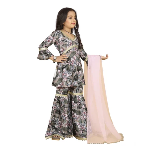 Girl's Maslin Embrodrery Lace Aliya Cut Top With Sharara Dupatta Set (Grey Pink) - Image 4