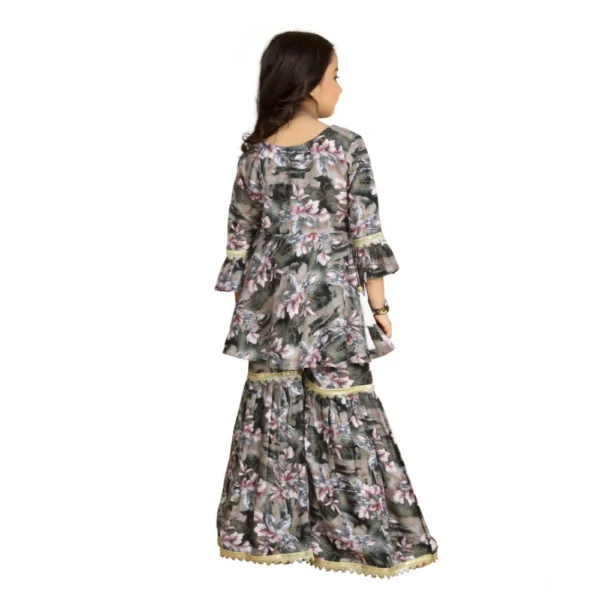 Girl's Maslin Embrodrery Lace Aliya Cut Top With Sharara Dupatta Set (Grey Pink) - Image 5